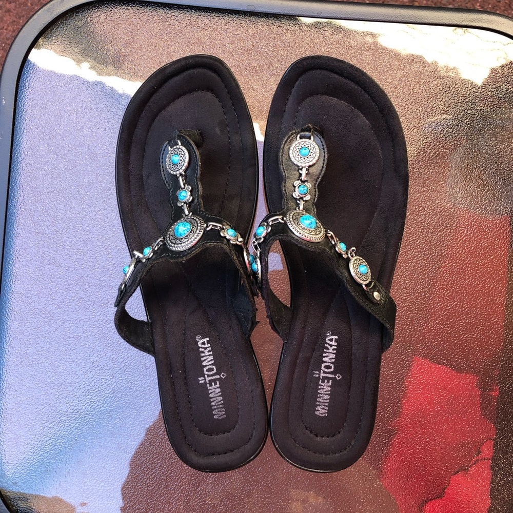 Minnetonka Black Sandals with Turquoise Accents